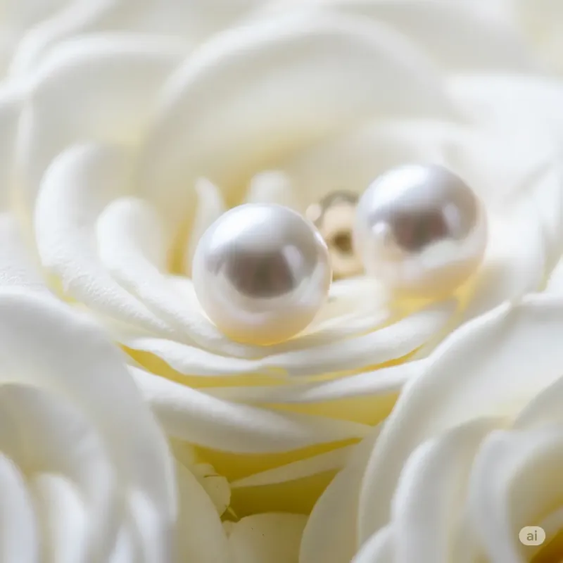 Two Akoya pearls resting on white rose petals