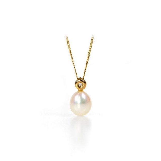 Simple Freshwater Pearl & Diamond Drop Pendant | 9 ct Yellow Gold