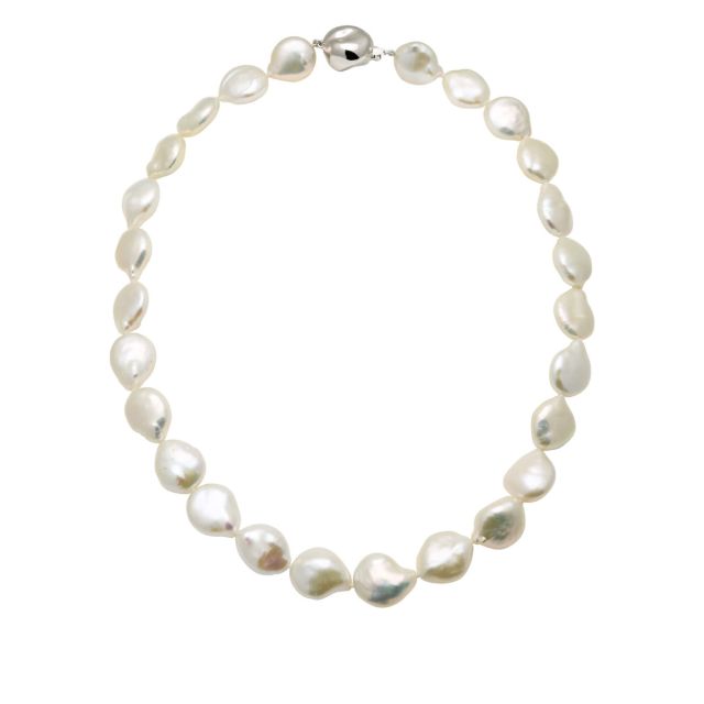 Baroque Coin White Freshwater Cultured pearl necklace, on baroque sterling silver clasp.