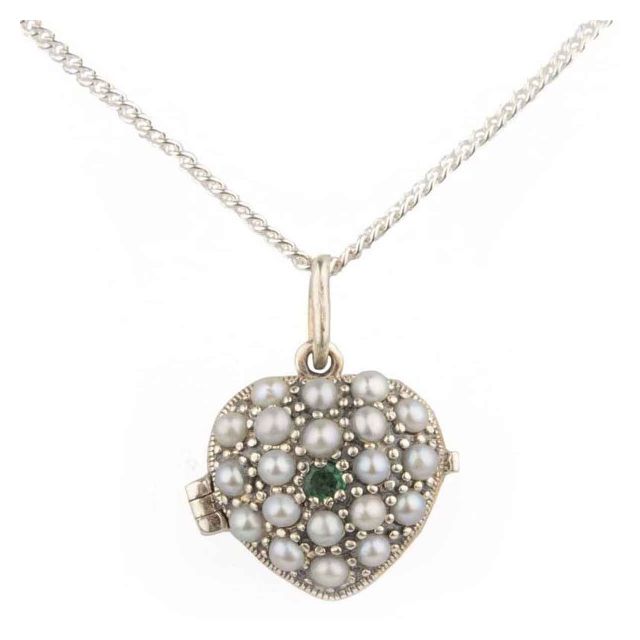 Antique Style Emerald & Seed Pearl Heart Pendant and Chain  |  Silver