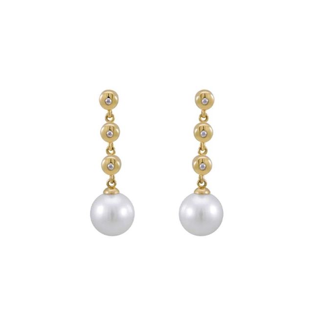 Akoya Pearl & Diamond Triple Collet  Drop Earrings  |  18ct Yellow Gold