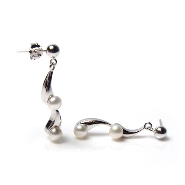  Freshwater Cultured Pearl Wavy Dropper Earrings  |  Silver