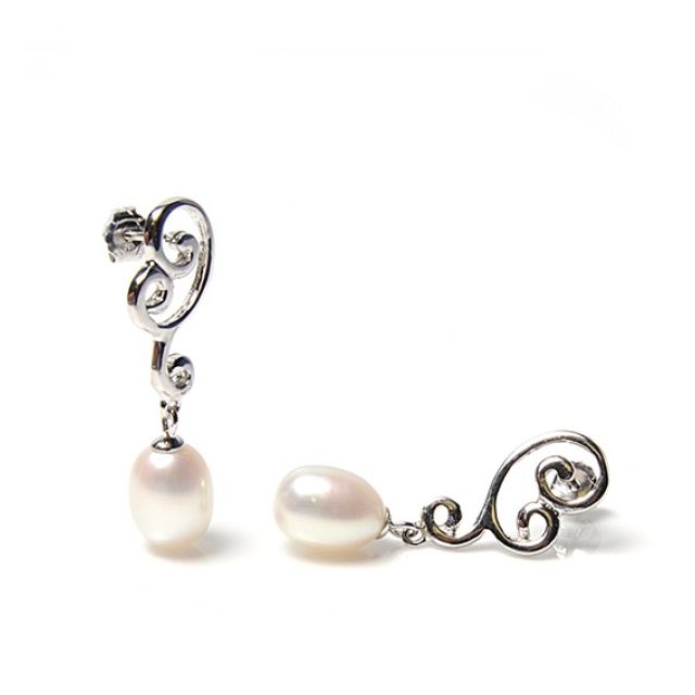  Freshwater Cultured Pearl Fancy Scrolling Design Earrings  |  Silver