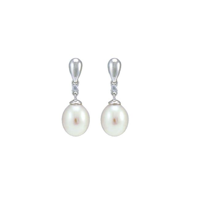 Freshwater Pearl & Cubic Zirconia Inverted Drop Earrings  |  Silver