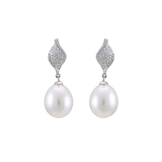 Freshwater Pearl & Diamond Contemporary Twisted Leaf Design Earrings  |  18ct White Gold