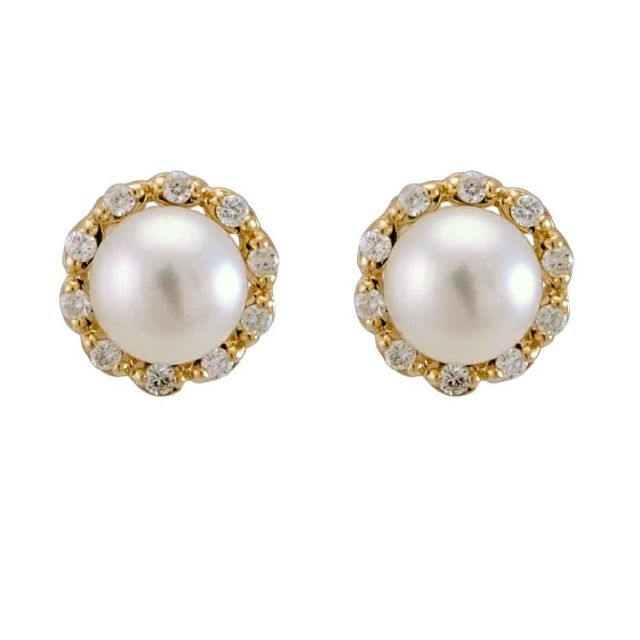 Sweet 9ct Yellow Gold Freshwater Pearl and Diamond Cluster Earrings