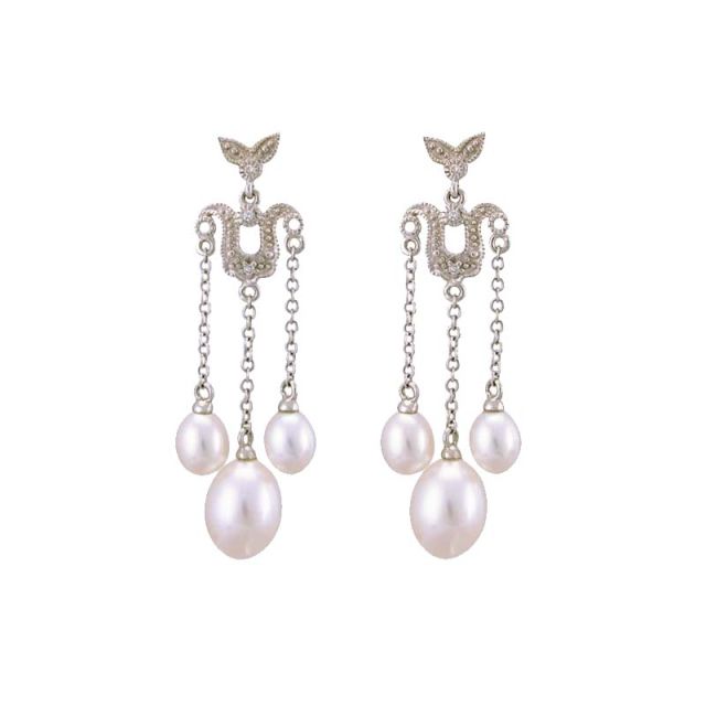 Antique Design Freshwater Pearl and Diamond Triple Drop Earrrings