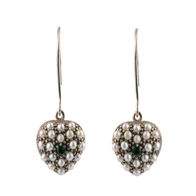 Antique Style Freshwater Seed Pearl Emerald/Ruby Heart Shape Drop Earrings  |  Silver