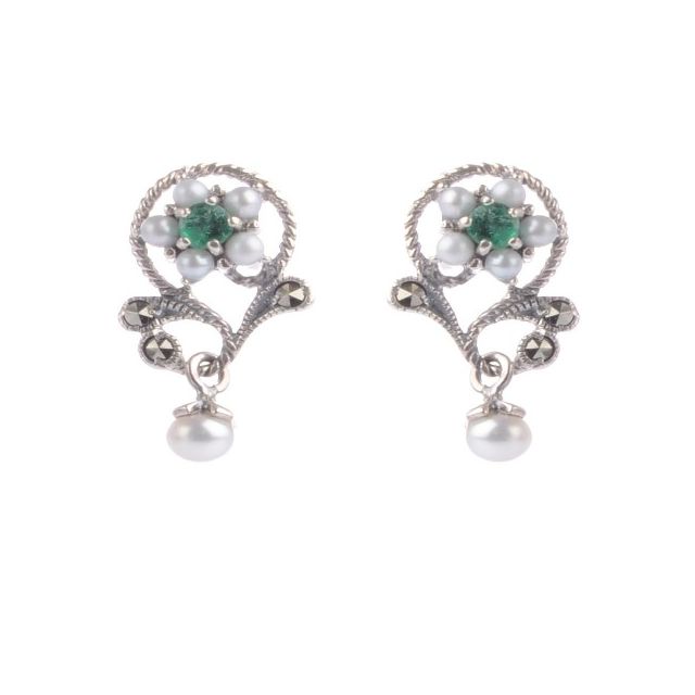 Freshwater Cultured Pearl, Emerald & Marcasite Floral Earrings  |  Silver 