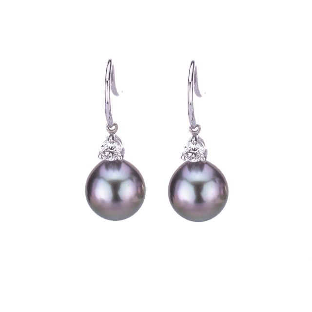 Tahitian Pearl & Diamond Set Hookwire Earrings  |  18ct White Gold