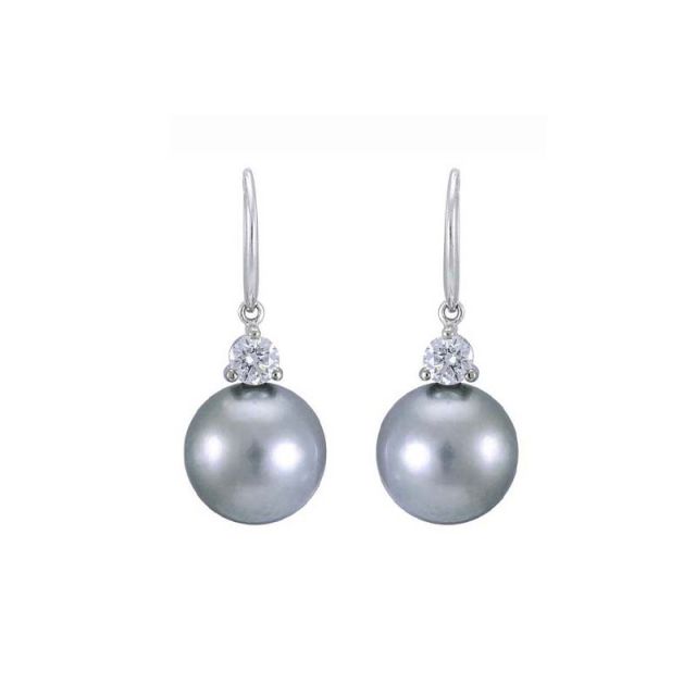 Tahitian Pearl & Diamond 3 Claw Hook Wire Earrings  |  18ct White Gold
