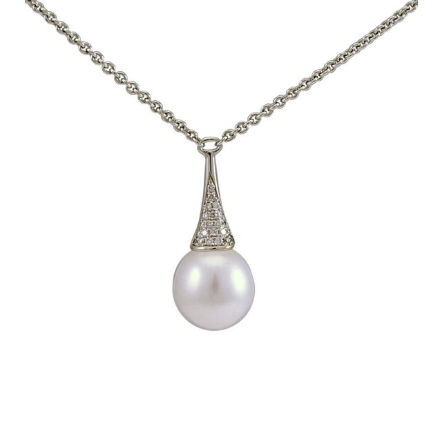 A contemporary cone shape design pendant,set with Diamonds and a Freshwater Pearl and having integral chain.