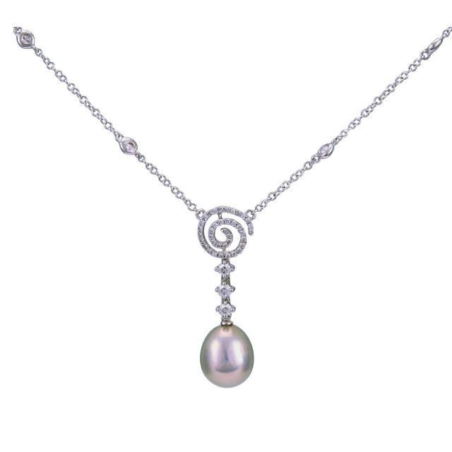 Metallic Grey Freshwater Pearl & Diamond Necklace  |  18ct White Gold