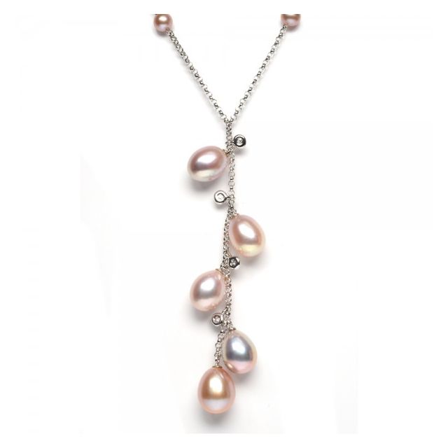 Freshwater Pearl & Diamond Rain Drop Necklace  |  14ct White Gold