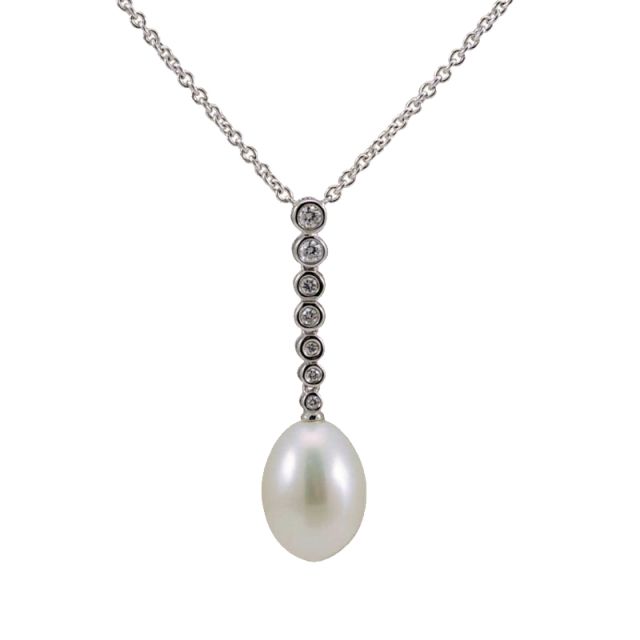 Freshwater Pearl & Diamond Line Drop Pendant Necklace  |  18ct White Gold