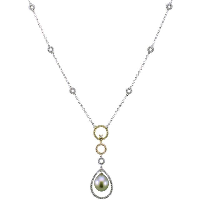 18ct 3 colour Gold Tahitian Pearl and Diamond circles and drop necklace 
