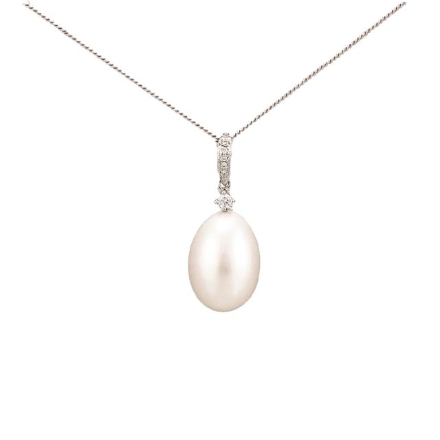 Antique Influenced Design Freshwater Pearl & Diamond Dropper Pendant  |  18ct White Gold