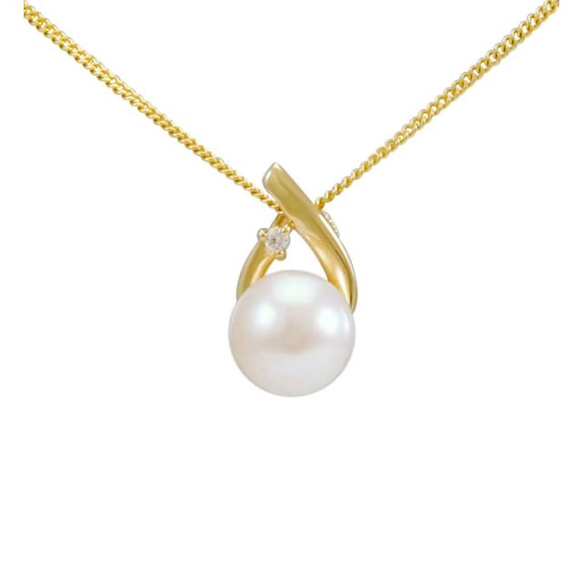 Freshwater Pearl & Claw Set Diamond Loop Design Pendant  |  9ct Yellow Gold