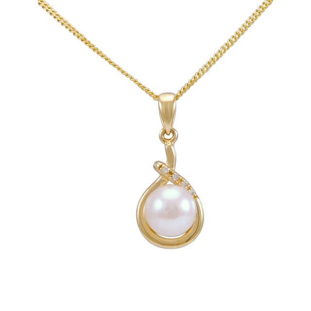 Freshwater Pearl & Diamond Cross-Over Loop Design Pendant  |  9ct Yellow Gold