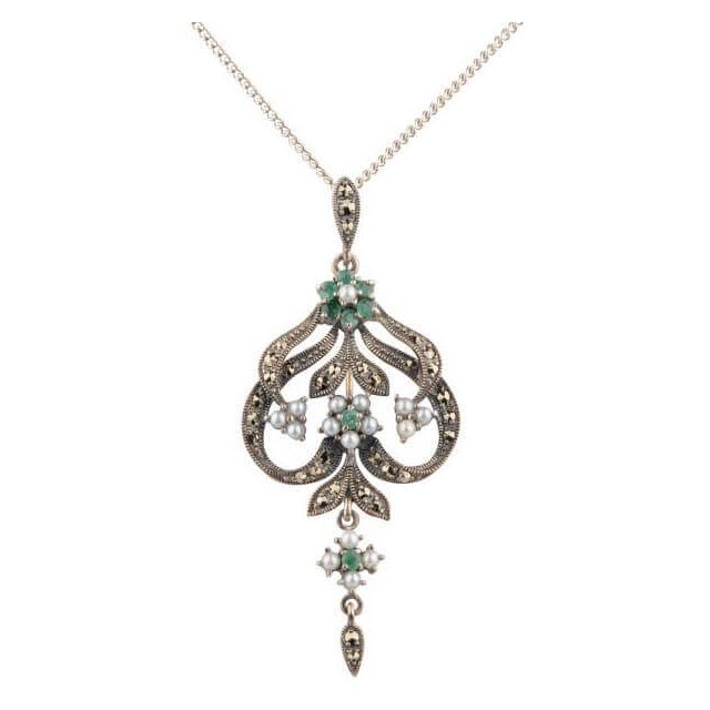 Antique Style Marcasite, Emerald and Seed Pearl Pendant and Chain  |  Silver