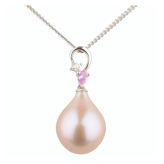Freshwater Drop Pearl Diamond & Sapphire Pendant | 18 ct White Gold