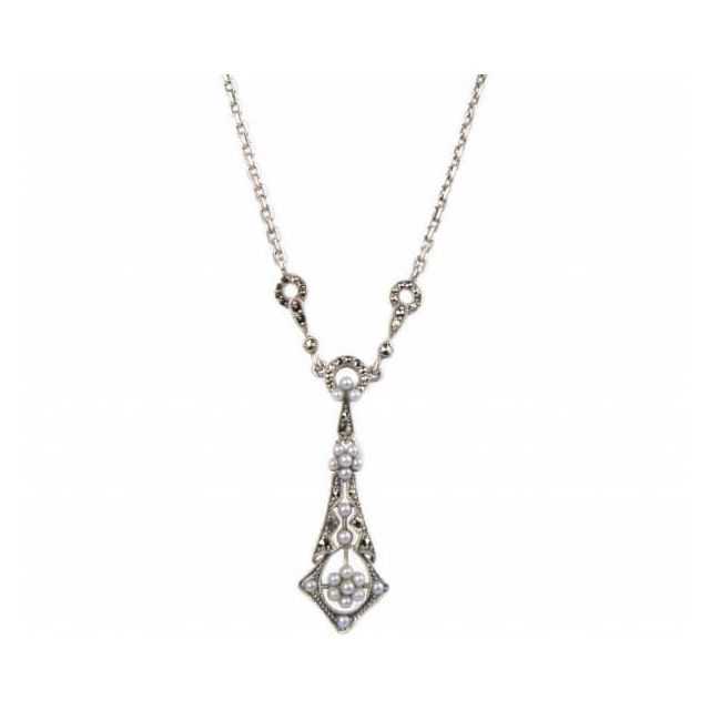 Antique Style Marcasite & Seed Pearl Detachable Necklace  |  Silver