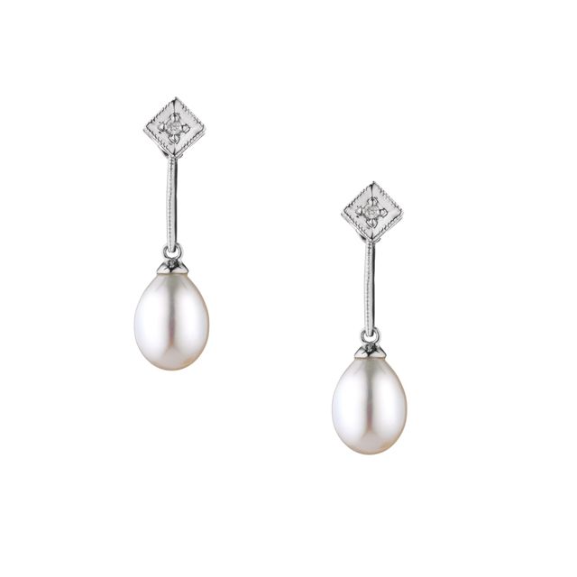 Edwardian Design Freshwater Pearl & Diamond Drop Earrings  |  9ct White Gold