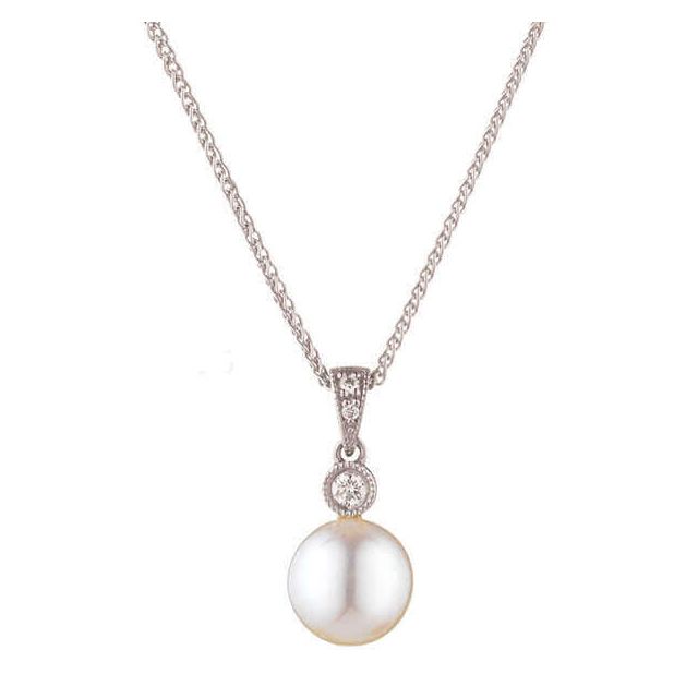 Vintage Style Freshwater Pearl & Diamond Pendant | 9ct White Gold