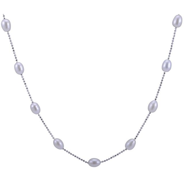 Silver and Freshwater Pearl faceted ball link chain necklace.