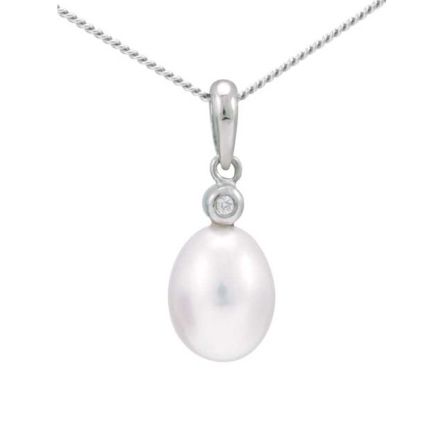 Sweet simple Pearl and Diamond Dropper Pendant in gold.