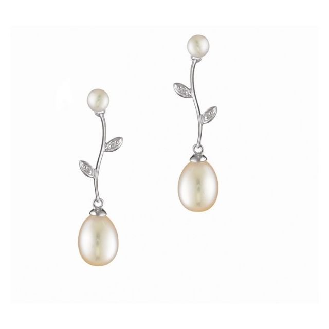 Freshwater Pearl Foliate Drop Earrings  |  9ct Gold