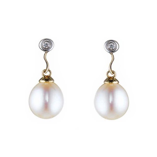 Freshwater Drop Pearl & Diamond Earrings | 9ct Yellow Gold