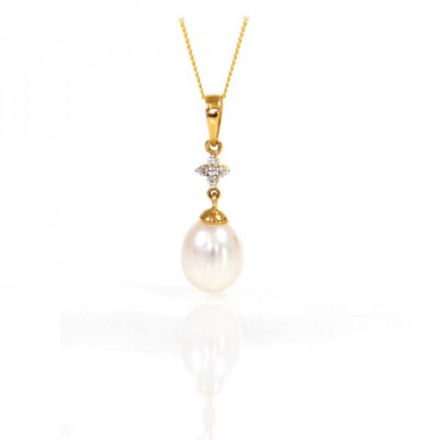 Freshwater Pearl & 4 stone Diamond Drop Pendant | 9ct Yellow Gold