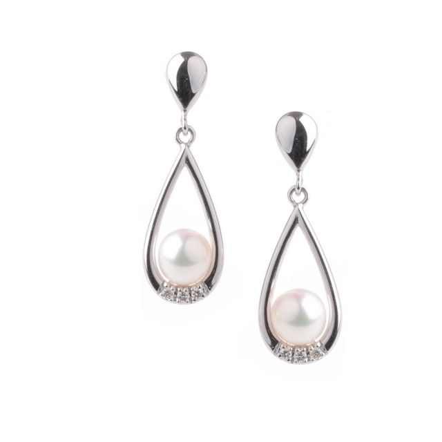 Freshwater Pearl & Diamond Drop Earrings  |  18ct White Gold