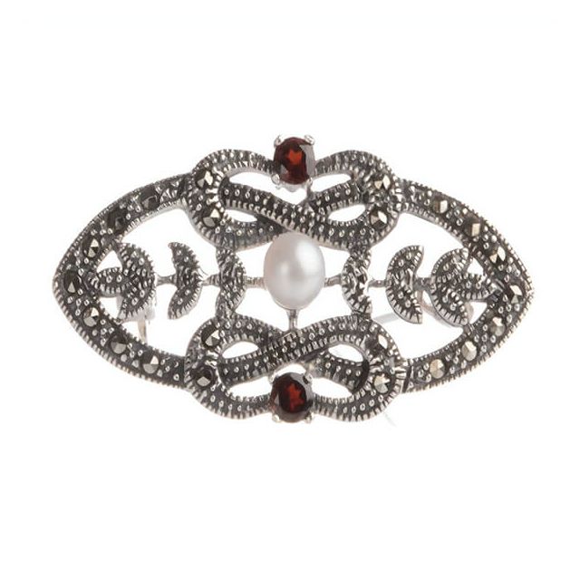 Freshwater Pearl & Marcasite Garnet Brooch | Silver