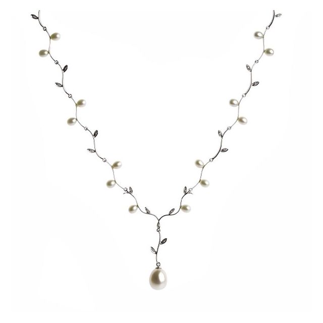 White Gold Foliate Design Pearl & Diamond Necklace