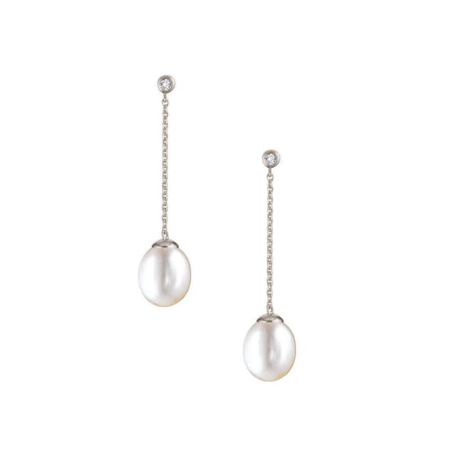 White gold long drop Pearl and Diamond earrings