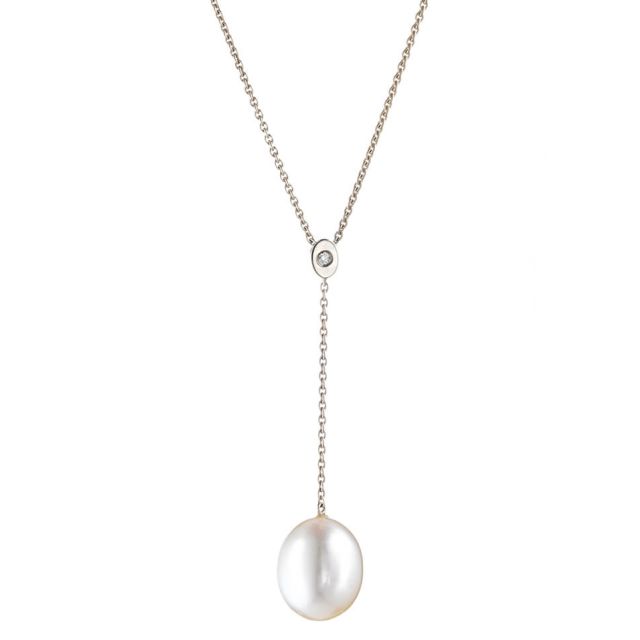 White Gold long drop freshwater pearl and diamond necklace