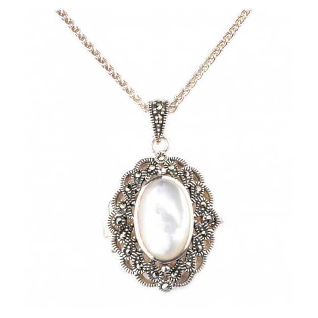  Mother of Pearl & Marcasite Oval Locket/Pendant and Chain  |  Silver