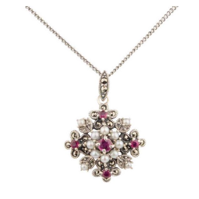 Antique Style Seed Pearl, Ruby & Marcasite Pendant and Chain  |  Silver 
