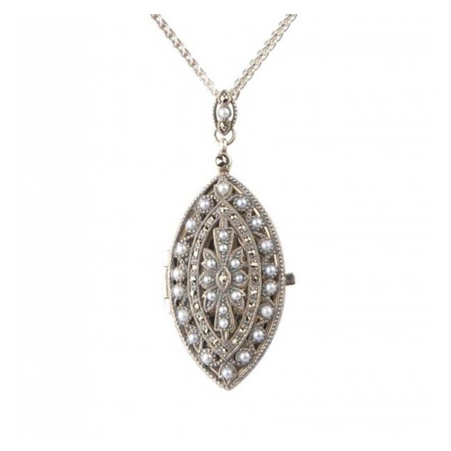 Freshwater Seed Pearl & Marcasite Navette Shape Locket Pendant  |  Silver 
