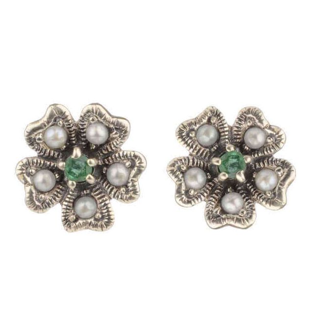Emerald & Seed Pearl Clover Leaf Motif Stud Earrings  |  Silver