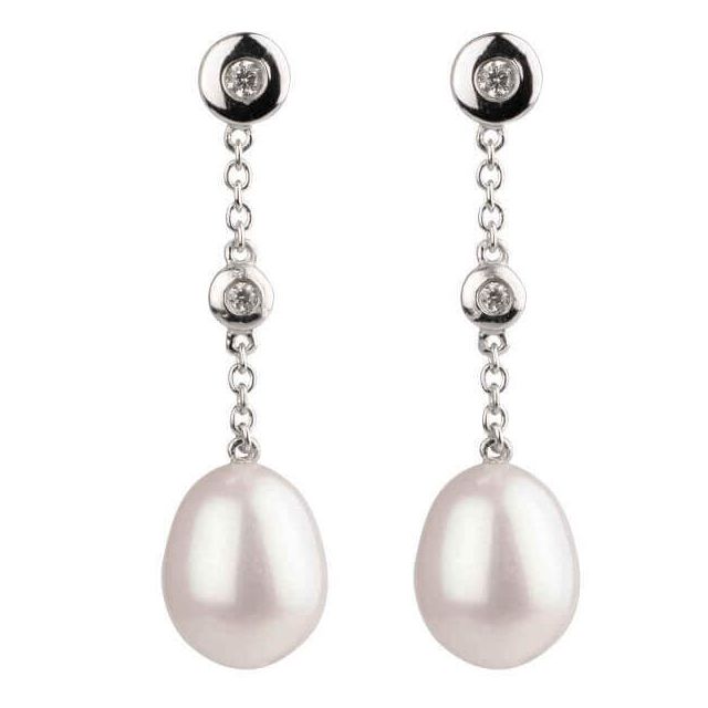 Freshwater Pearl & Double Chain Cubic Zirconia Drop Earrings  |  Silver