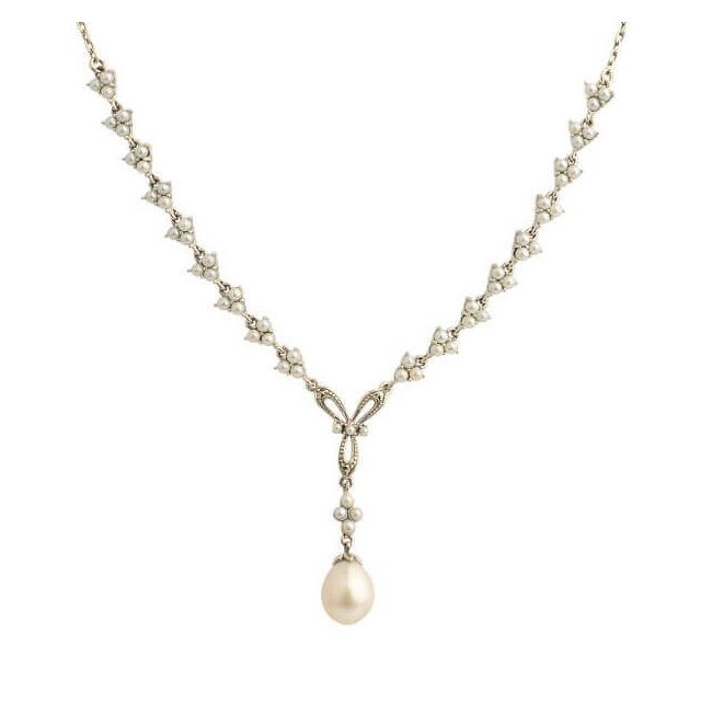 Antique Style Ribbon Design Seed Pearl & Marcasite Necklace  |  Silver