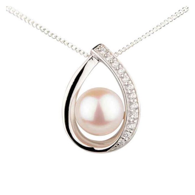  Freshwater Cultured Pearl & Cubic Zirconia Crossover Pendant and Chain| Silver
