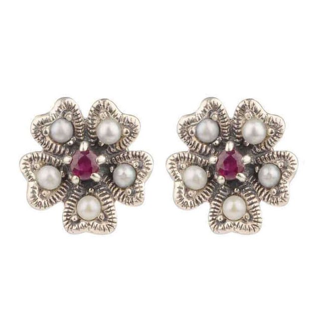 Silver Ruby & Seed Pearl Earrings