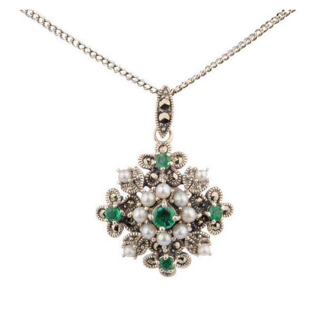 Antique design Seed Pearl, Emerald & Marcasite Pendant and Chain  |  Silver