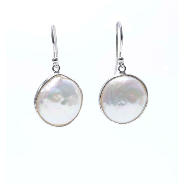Freshwater Coin Pearl Hook-Wire Drop Earrings  |  Silver