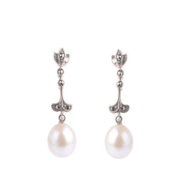 Silver Marcasite & Freshwater Pearl Drop Earrings.
