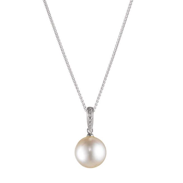 Dainty Vintage Freshwater Pearl & Diamond Pendant | 18 ct White Gold